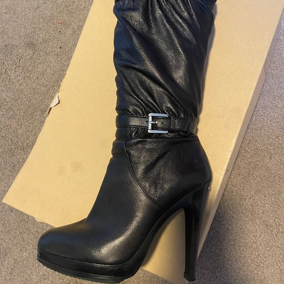 Michael Kors Shoes - Michael Kors Womens Boots Black Leather Knee High Buckle Platform